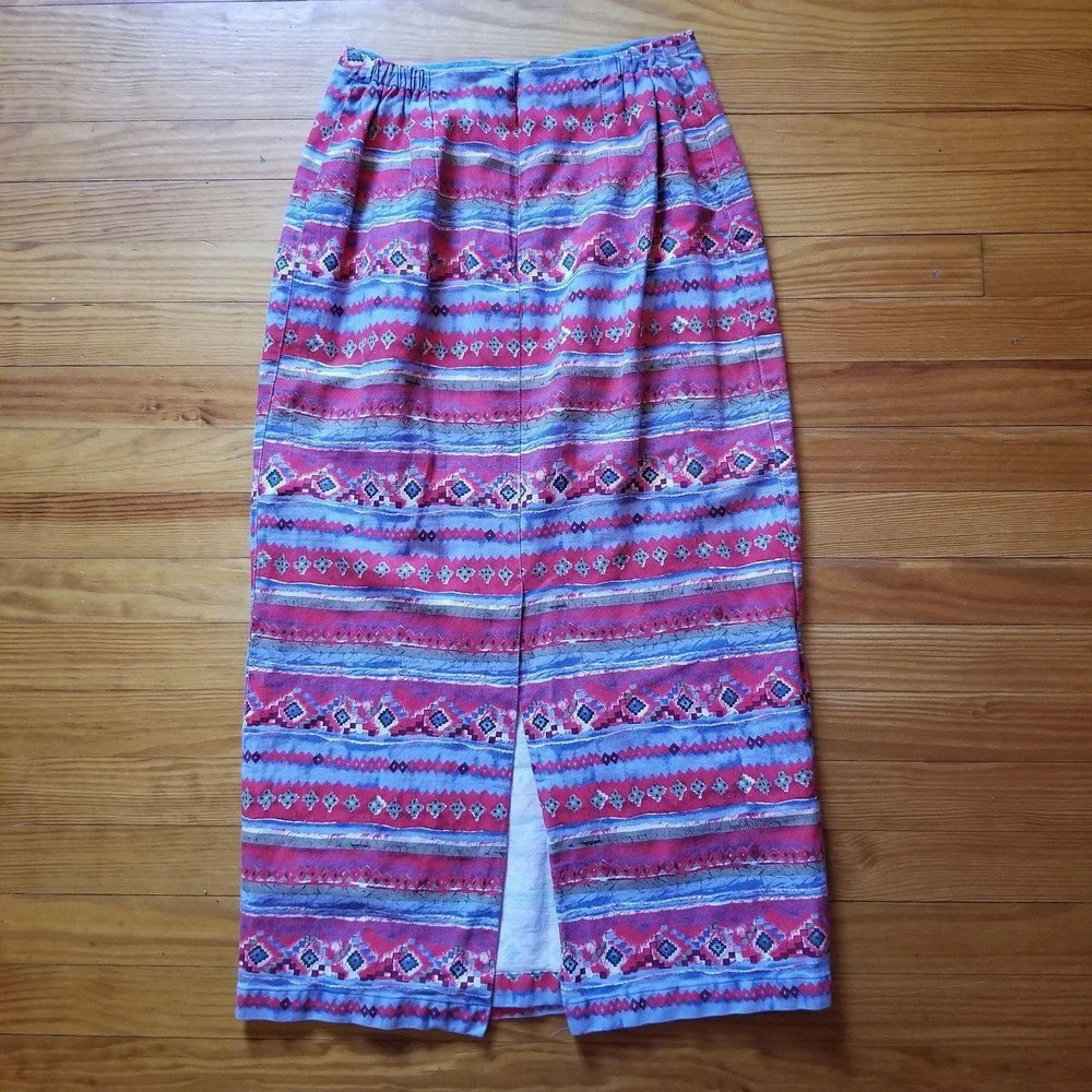 Coldwater Creek M Aztec Southwest Denim Wrap‎ Skirt Back Slit Maxi Western